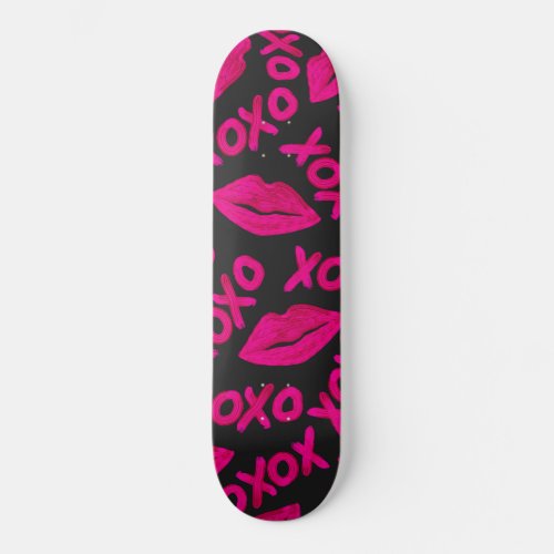XOXO Quote Black Neon Pink Lips Lipstick Pattern Skateboard
