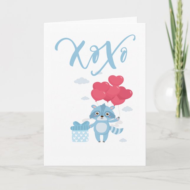 Xoxo Raccoon And Balloons Valentines Day Holiday Card (Front)