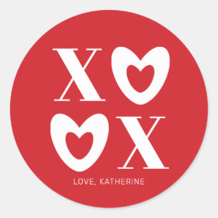 XOXO red and white hearts typography modern cute Classic Round Sticker
