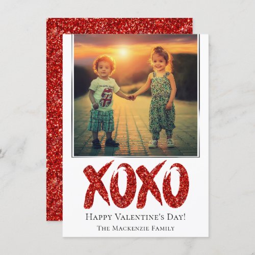 XOXO Red Glitter  Brushstroke Photo Valetines Day Holiday Card