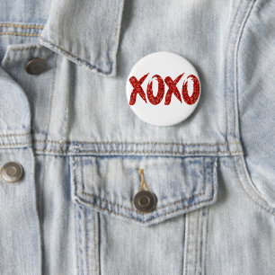 XOXO Red Glitter Glam Brushstroke Hug and Kisses Button