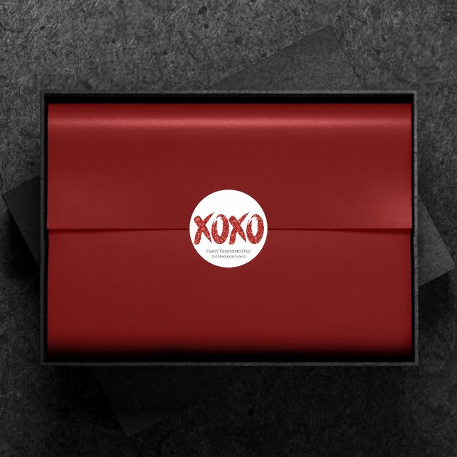 XOXO Red Glitter | Glam Brushstroke Hug and Kisses Classic Round Sticker (Creator Uploaded)
