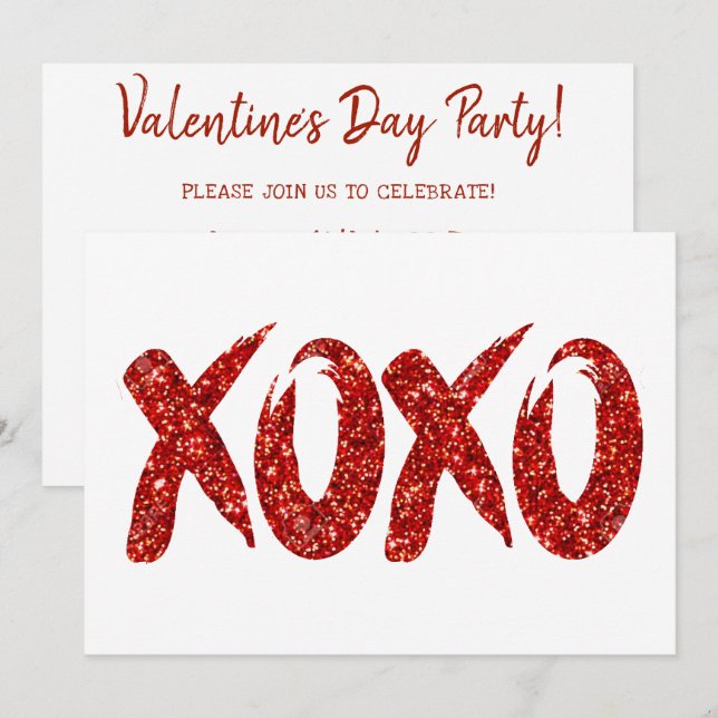 XOXO Red Glitter | Glam Brushstroke Hug and Kisses Invitation (Front/Back)