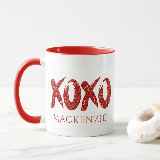XOXO Red Glitter | Glam Brushstroke Hug and Kisses Mug (With Donut)