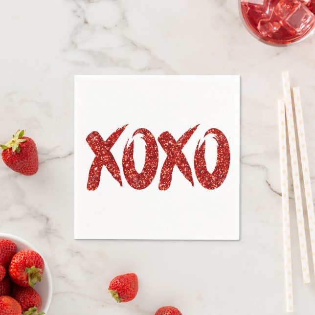 XOXO Red Glitter | Glam Brushstroke Hug and Kisses Paper Napkins (Insitu)