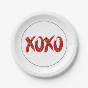 XOXO Red Glitter   Glam Brushstroke Hug and Kisses Paper Plates