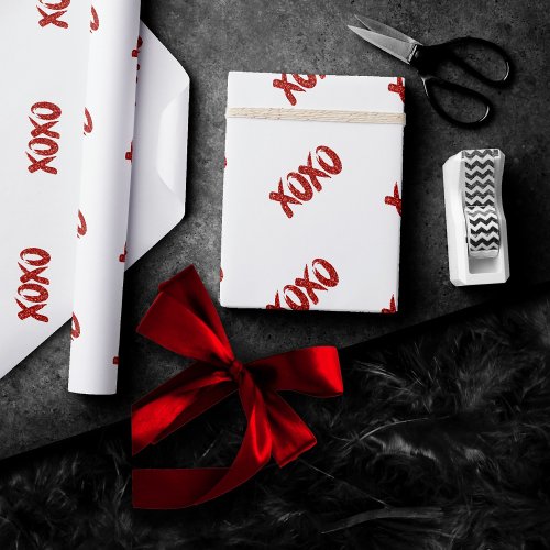 XOXO Red Glitter  Glam Brushstroke Hug and Kisses Wrapping Paper