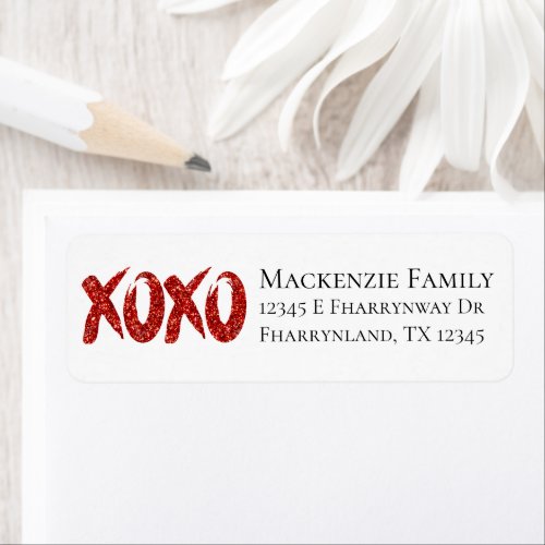 XOXO Red Glitter  Glam Brushstroke Return Address Label