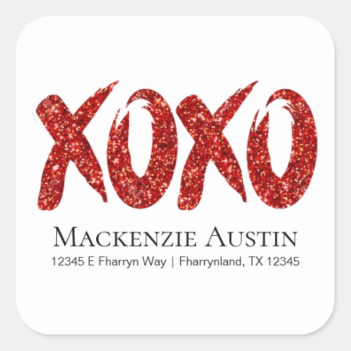 XOXO Red Glitter  Glam Brushstroke Return Address Square Sticker