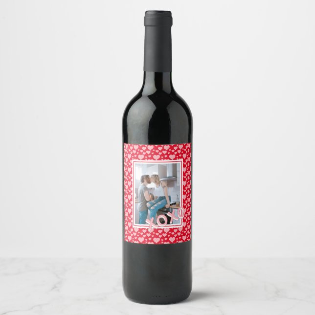 XOXO - Red Pink Hearts Pattern Valentine's Day Wine Label (Front)