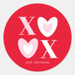XOXO red white pink hearts typography cute custom Classic Round Sticker