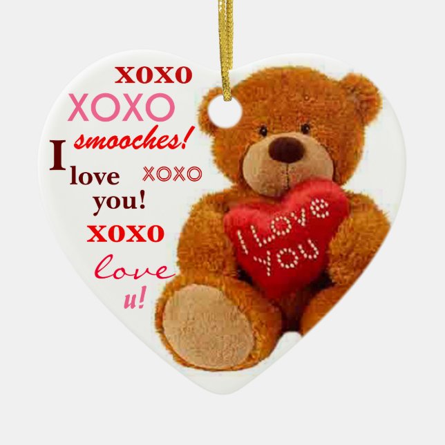 XOXO Romantic Teddy Bear Valentine Heart Ceramic Ornament (Front)