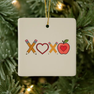 XOXO Teacher Valentine's Day Pencil And Apple Ceramic Ornament