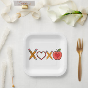 XOXO Teacher Valentine's Day Pencil And Apple Paper Plates