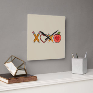 XOXO Teacher Valentine's Day Pencil And Apple Square Wall Clock