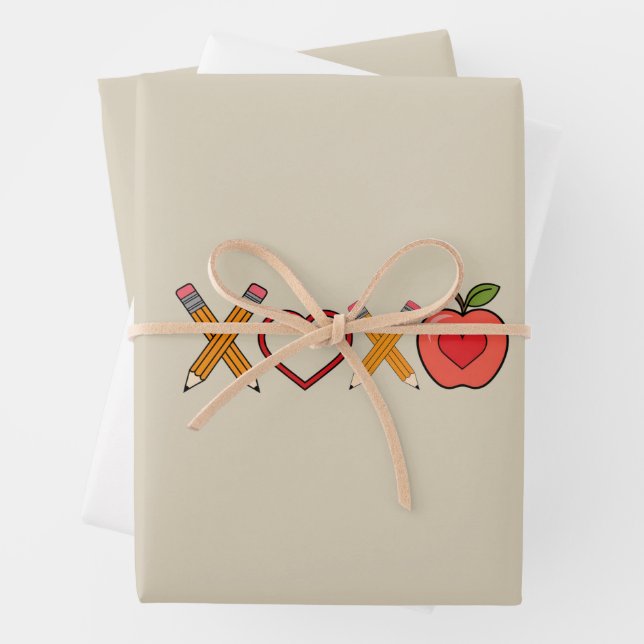 XOXO Teacher Valentine's Day Pencil And Apple  Wrapping Paper Sheets (In situ)