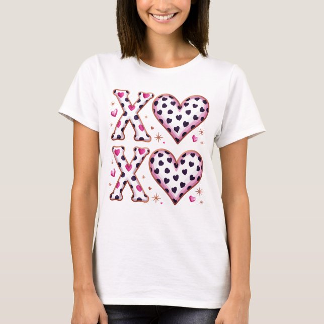 XOXO Valentine Hearts Leopard Pink Preppy Pattern T-Shirt (Front)