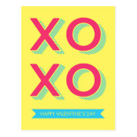 XOXO Valentine Pink Blue Yellow Background Postcard