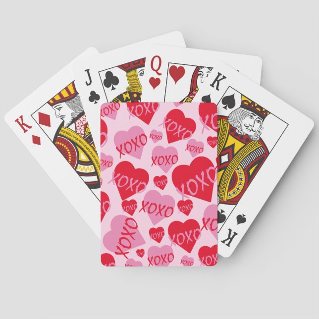 XOXO Valentine Pink Red Heart Pattern Pink Poker Cards (Back)