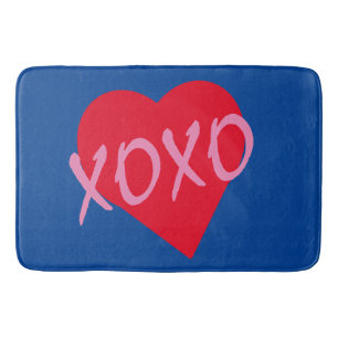 XOXO Valentine Red Heart Pink Hugs Kisses Blue Bath Mat