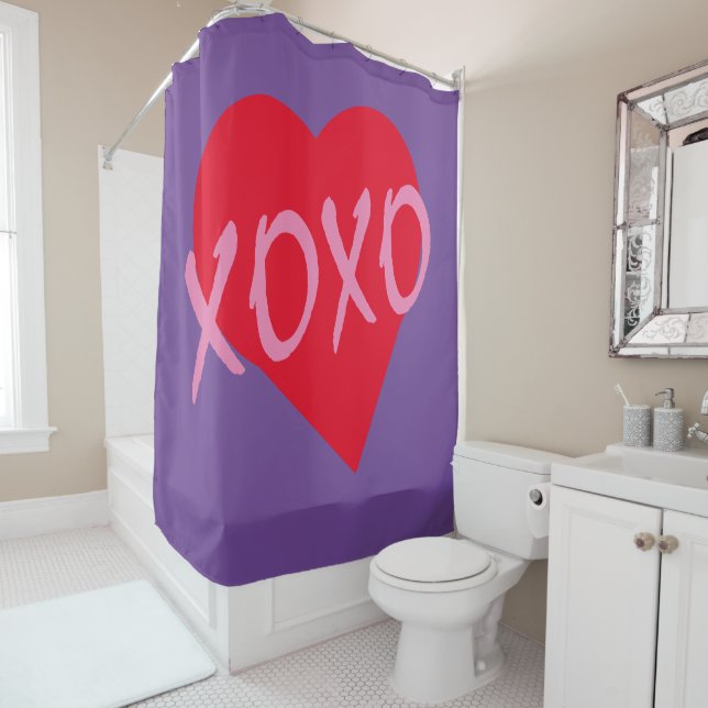 XOXO Valentine Red Heart Pink Hugs Kisses Purple Shower Curtain (In Situ)