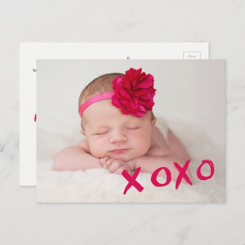 XOXO Valentines Baby Girl Custom photo birth stat Announcement Postcard