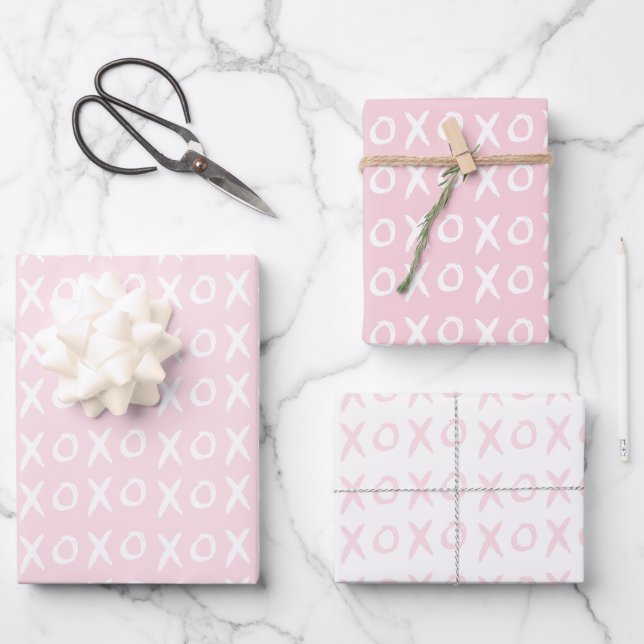 XOXO Valentine's Day Galentine's Day Pink White Wrapping Paper Sheets (Front)