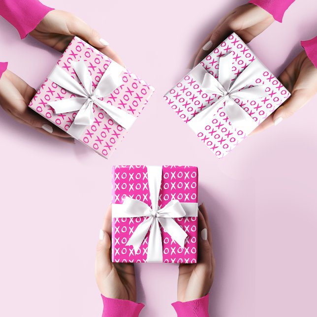 XOXO Valentine's Day Galentine's HOT Pink White Wrapping Paper Sheets (Galentine's day gift wrap paper set. Pink XOXO pattern design.)