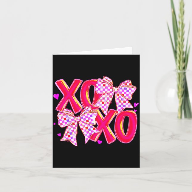 Xoxo Valentines Day Love Funny Coquette Bow Checke Card (Front)