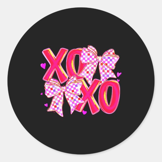Xoxo Valentines Day Love Funny Coquette Bow Checke Classic Round Sticker (Front)