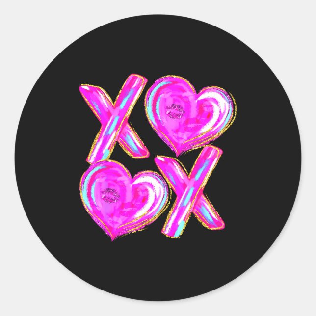 Xoxo Valentines Day Love Funny Coquette Bow Checke Classic Round Sticker (Front)