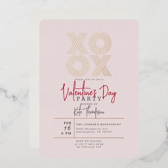 XOXO Valentine's Day Party Rose Gold  Foil Invitation (Front/Back)
