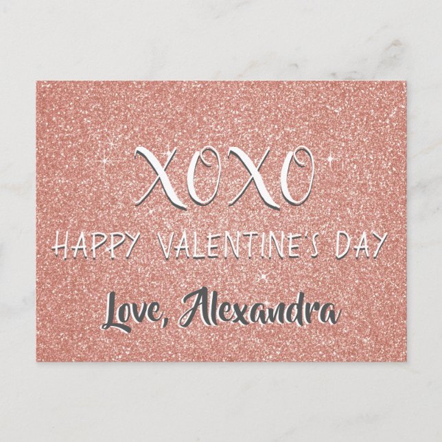 XOXO Valentine's Day Pink Rose Gold Sparkle Holiday Postcard (Front)