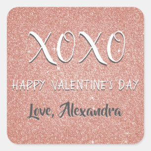 XOXO Valentine's Day Pink Rose Gold Sparkle Square Sticker