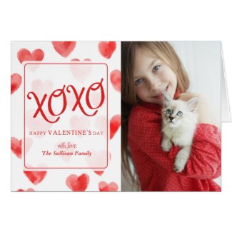 XOXO Watercolor Hearts Valentine's Day Card