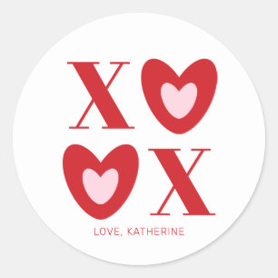 XOXO white pink red hearts typography girly cute Classic Round Sticker
