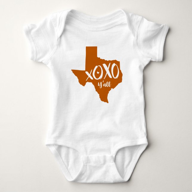 XOXO, Y'all - Burnt Orange Texas State Shape Baby Bodysuit (Front)