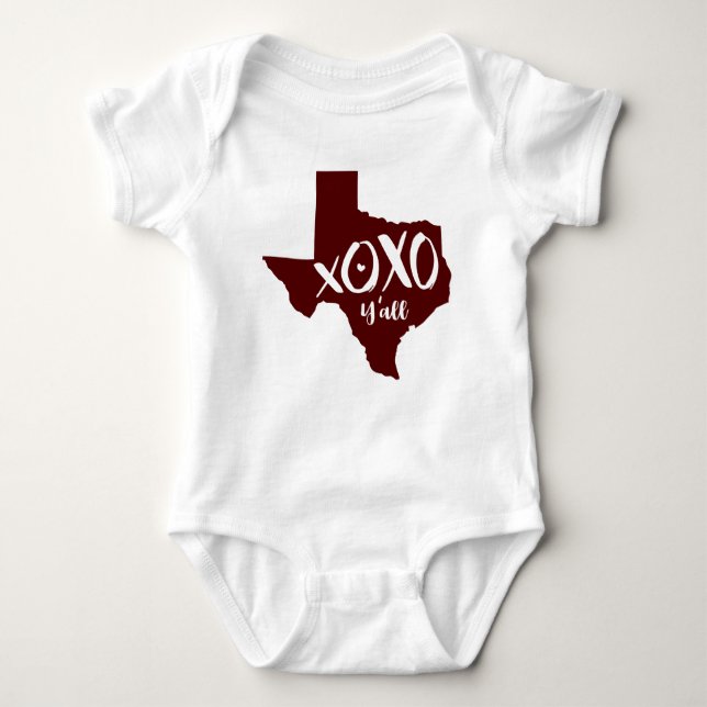 XOXO, Y'all - Maroon Texas State Shape Baby Bodysuit (Front)