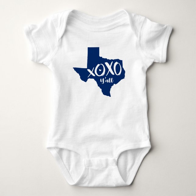 XOXO, Y'all - State Flag Blue Texas State Shape Baby Bodysuit (Front)