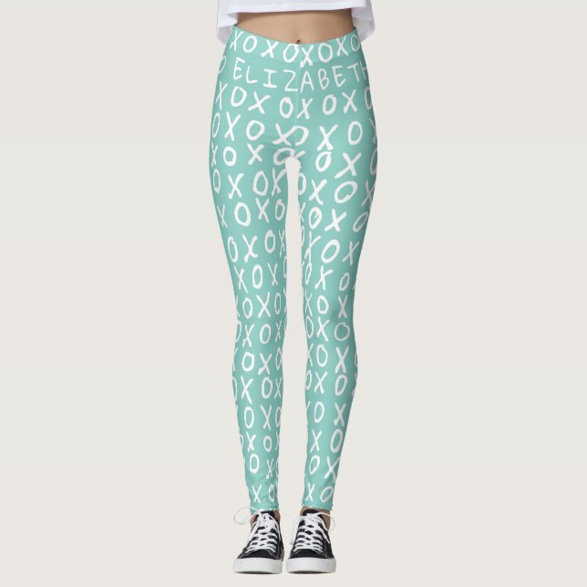 X's and O's personalized on riptide teal Leggings (Front)