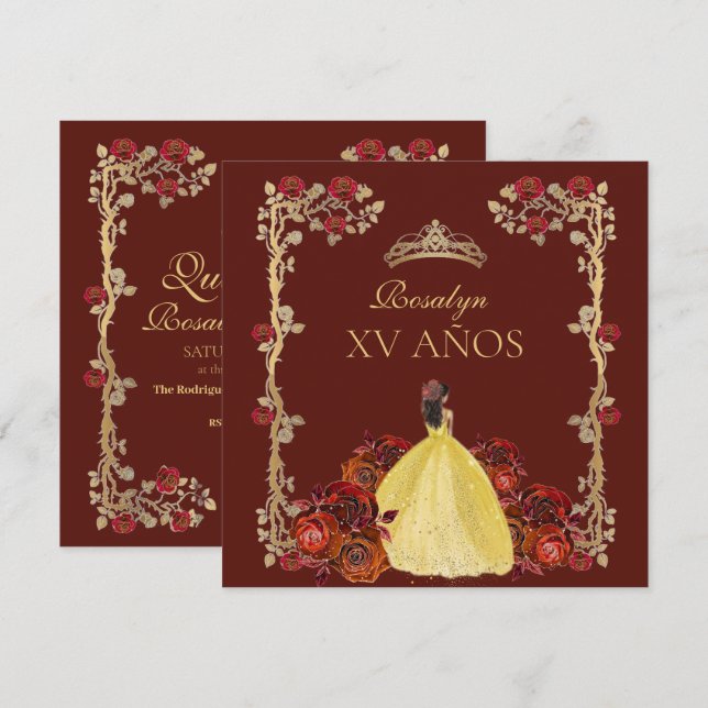 xv AÑOS Gold and Burgundy Red Rose Quinceañera Invitation (Front/Back)