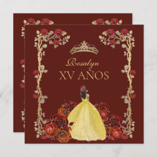 xv AÑOS Gold and Burgundy Red Rose Quinceañera Invitation