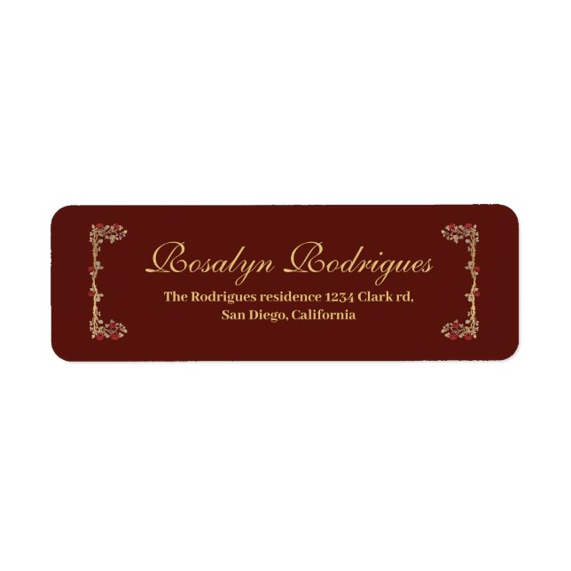 xv AÑOS Gold and Burgundy Red Rose Quinceañera Label (Front)