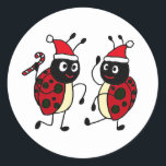 XX- Dancing Ladybugs Wearing Santa Hats Classic Round Sticker<br><div class="desc">Hilarious cute dancing ladybugs wearing Santa hats and holding a candy cane Christmas design is unique and fun and a great gift idea. Full of personality. Can also add/change custom text and change background color when ordering.</div>