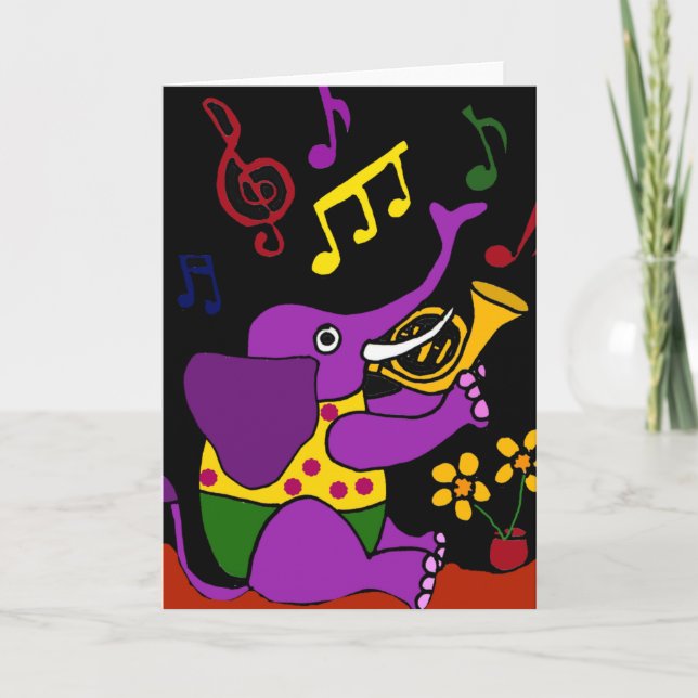 XX- Folk Art Elephant Playing French Horn Card (Front)