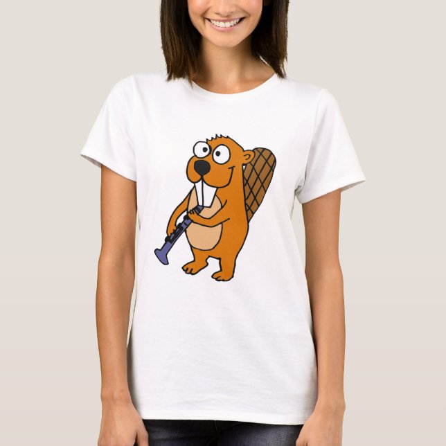 XX- Funny Beaver Playing Clarinet Cartoon T-Shirt (Front)