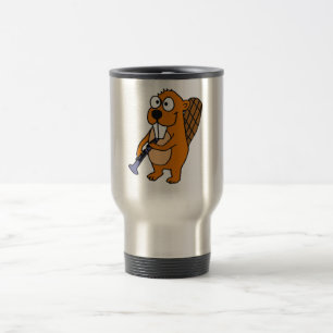 XX- Funny Beaver Playing Clarinet Cartoon Travel Mug