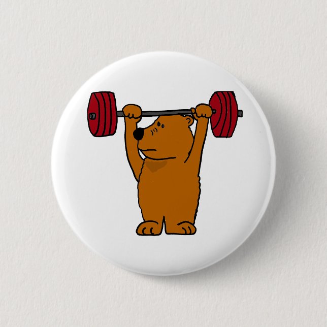 XX- Funny Brown Bear Weight Lifting Pinback Button (Front)