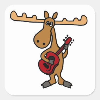 Xx- Funny Moose Playing Guitar Cartoon Square Sticker by tickleyourfunnybone at Zazzle