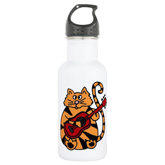 XX- Funny Orange Tiger Cat Playing Guitar Water Bottle (Front)